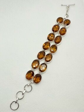 Gorgeous Vintage 925 Sterling Silver Cognac Citrine Double Row Toggle Bracelet!